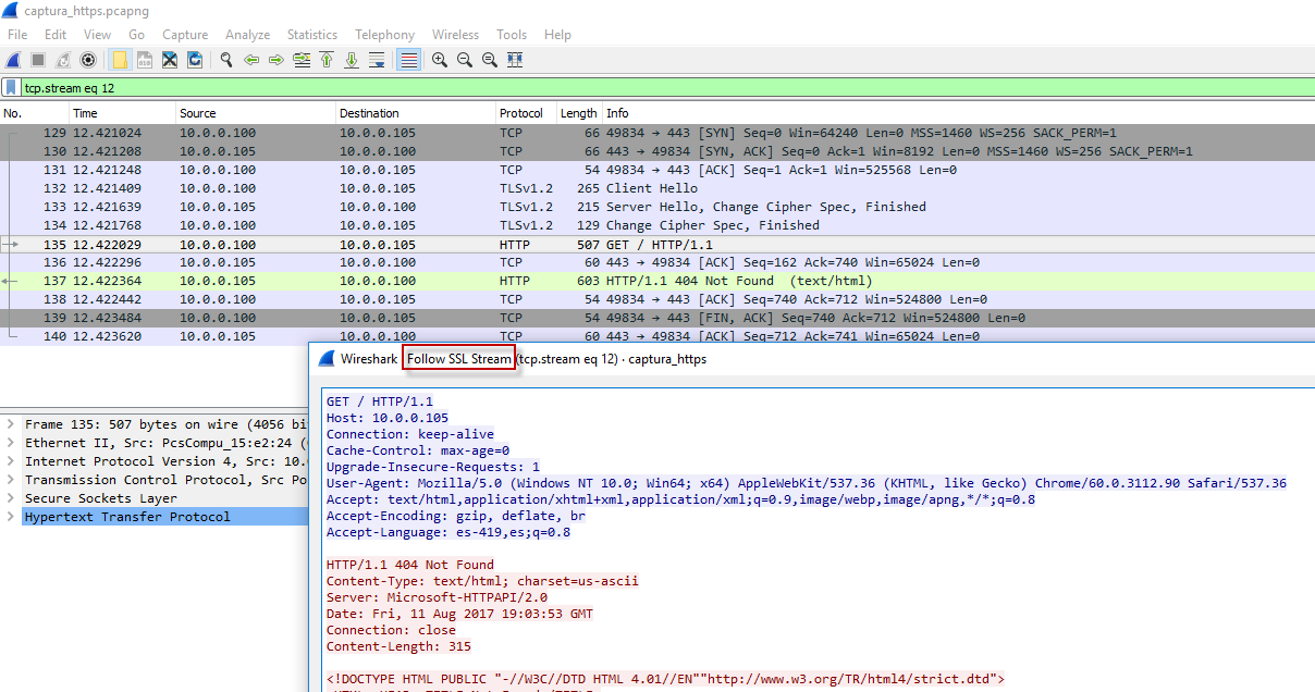 Figura 6: SSL Stream en texto plano de paquetes HTTP.