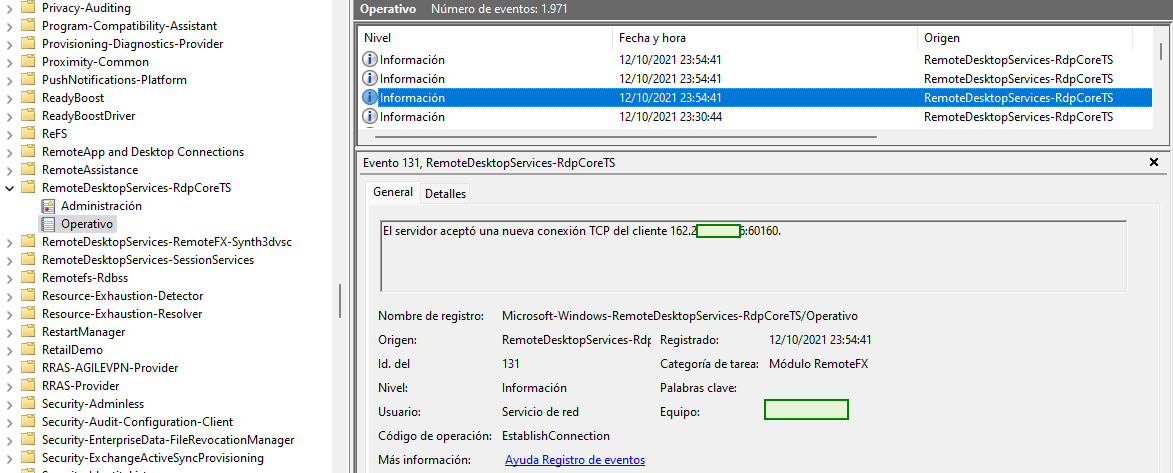 Figura 3: Detectando evento de conexión TCP hacia RDP (event id 131).
