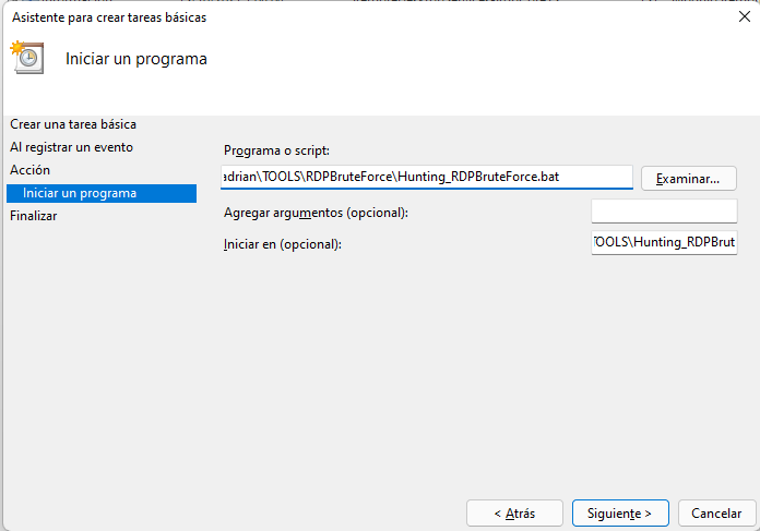 Figura 5: Iniciar el script .bat de llamada al script Powershell en la acción de la tarea programada.