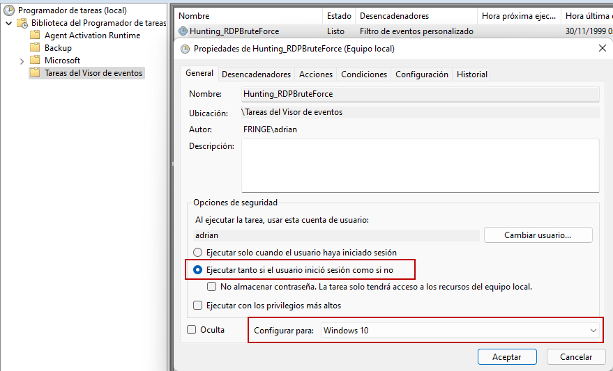 Figura 6: Tipo de usuario para la ejecución de la tarea programada.