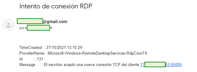 Figura 7: Ejemplo de notificación de alerta vía Gmail alerta intento de conexión RDP.
