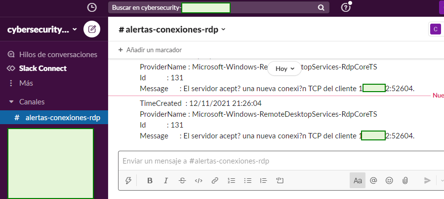Figura 9: Ejemplo de notificación vía Slack alerta intento de conexión RDP.