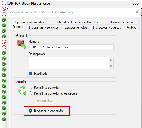 Figura 11: Crear nueva regla de bloqueo de conexión.