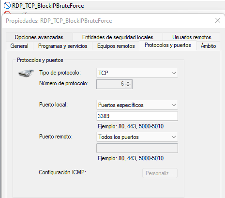 Figura 12: Regla de bloqueo de conexión protocolo TCP y puerto local 3389.