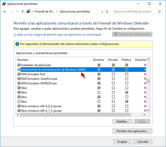 Reglas del WFAS (Windows Firewall Advanced Security) permitir la comunicación para WMI