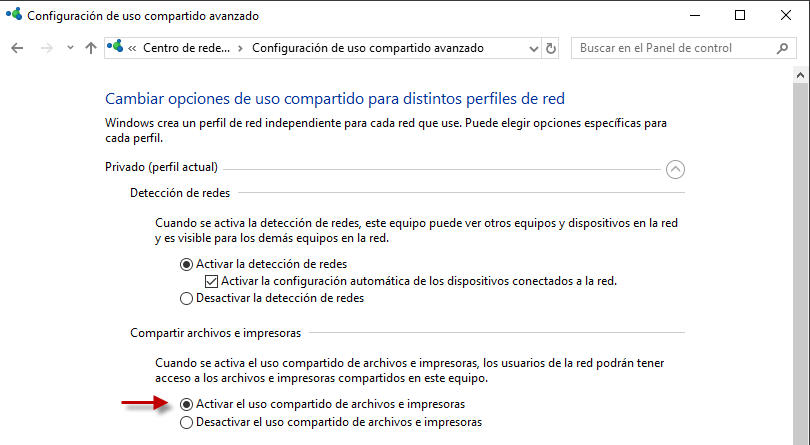 Activar el uso de recurso compartido de archivos e impresoras