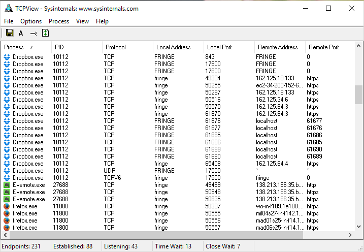 Figura 2: Escaneo de puertos locales con TCPView de Sysinternals.