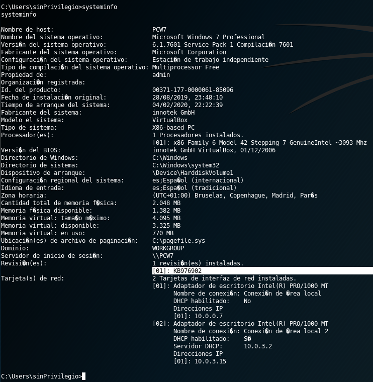 Figura 10: Comprobar las actualizaciones instaladas con systeminfo.