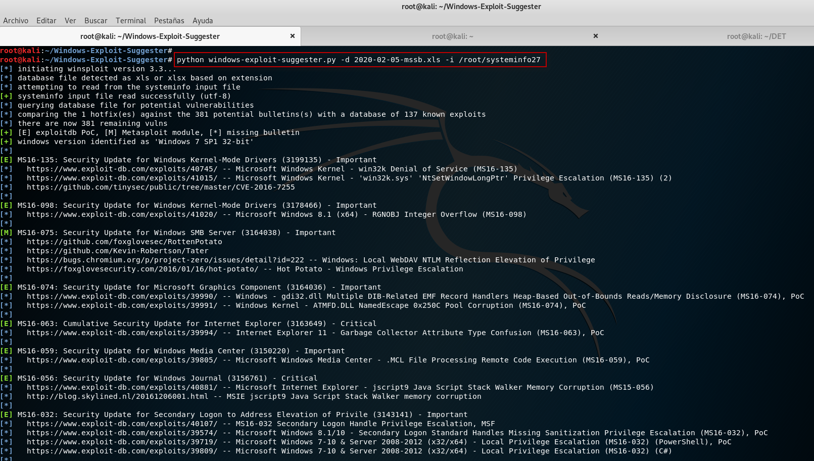 Figura 11: Windows Exploit Suggester - Resultado de posibles actualizaciones explotables en base al fichero systeminfo.