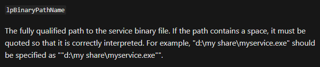 Figura 14: Docs Microsoft - Parámetro lpBinaryPathName en la API de Windows CreateService de Advapi32.dll.