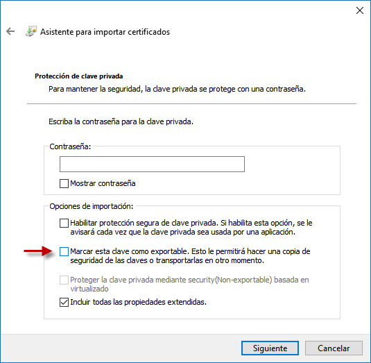 Figura 1: Checkbox “Marcar clave como exportable” al importar un certificado digital.