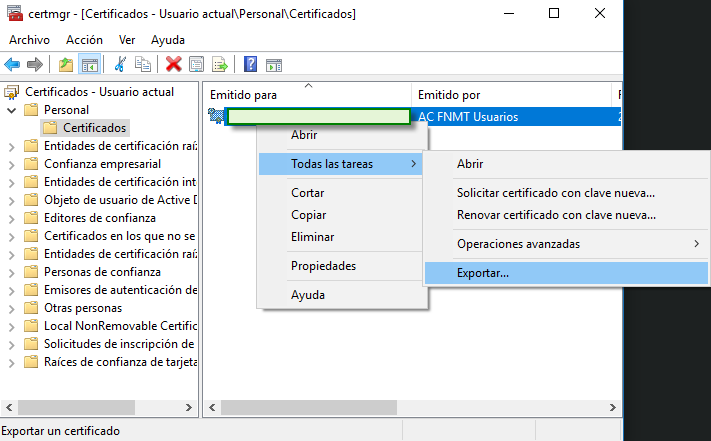Figura 2: Exportar certificado del administrador de certificados.