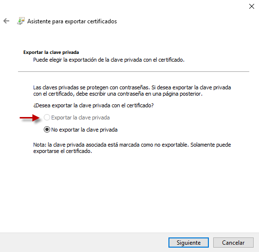 Figura 3: Intento de exportación de clave privada, opción deshabilitada, certificado no exportable.