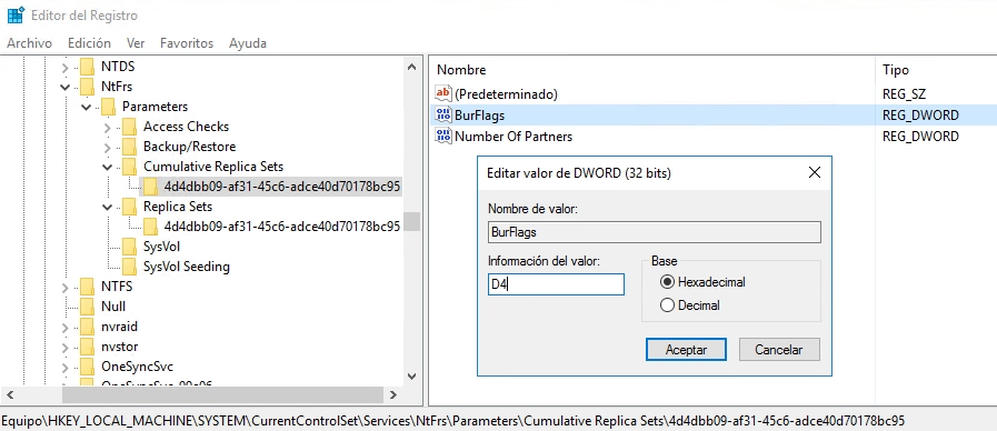 Figura 4: Replicación FRS: Sincronización autoritativa BurFlags con valor D4.