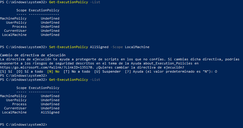 Figura 1: Políticas de ejecución de scripts PowerShell.