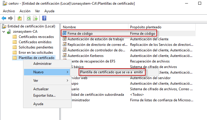 Figura 2: Emitir plantilla de certificado &ldquo;Firma de código&rdquo; desde una Entidad de certificación CA.