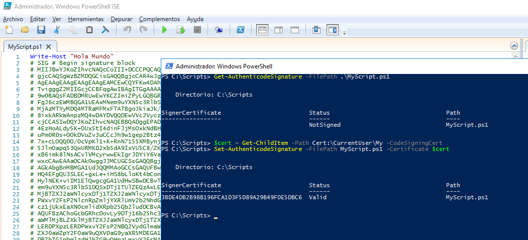 Figura 6: Firmar y ejecutar script PowerShell desde el mismo usuario.