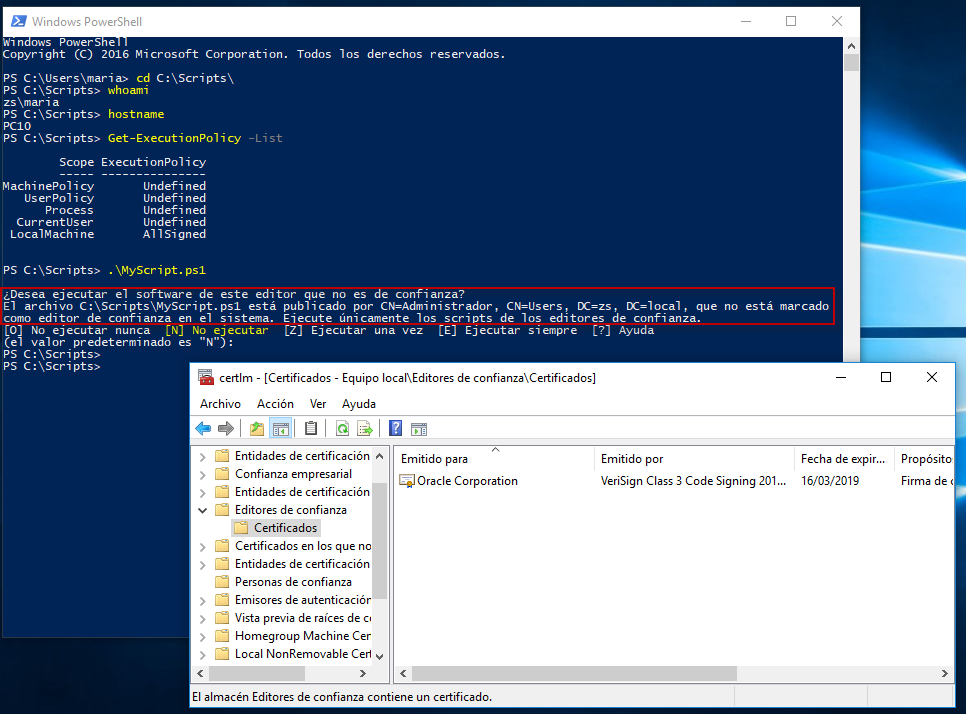 Figura 8: Ejecutar script PowerShell desde otra máquina y usuario del dominio (sin certificado importado).