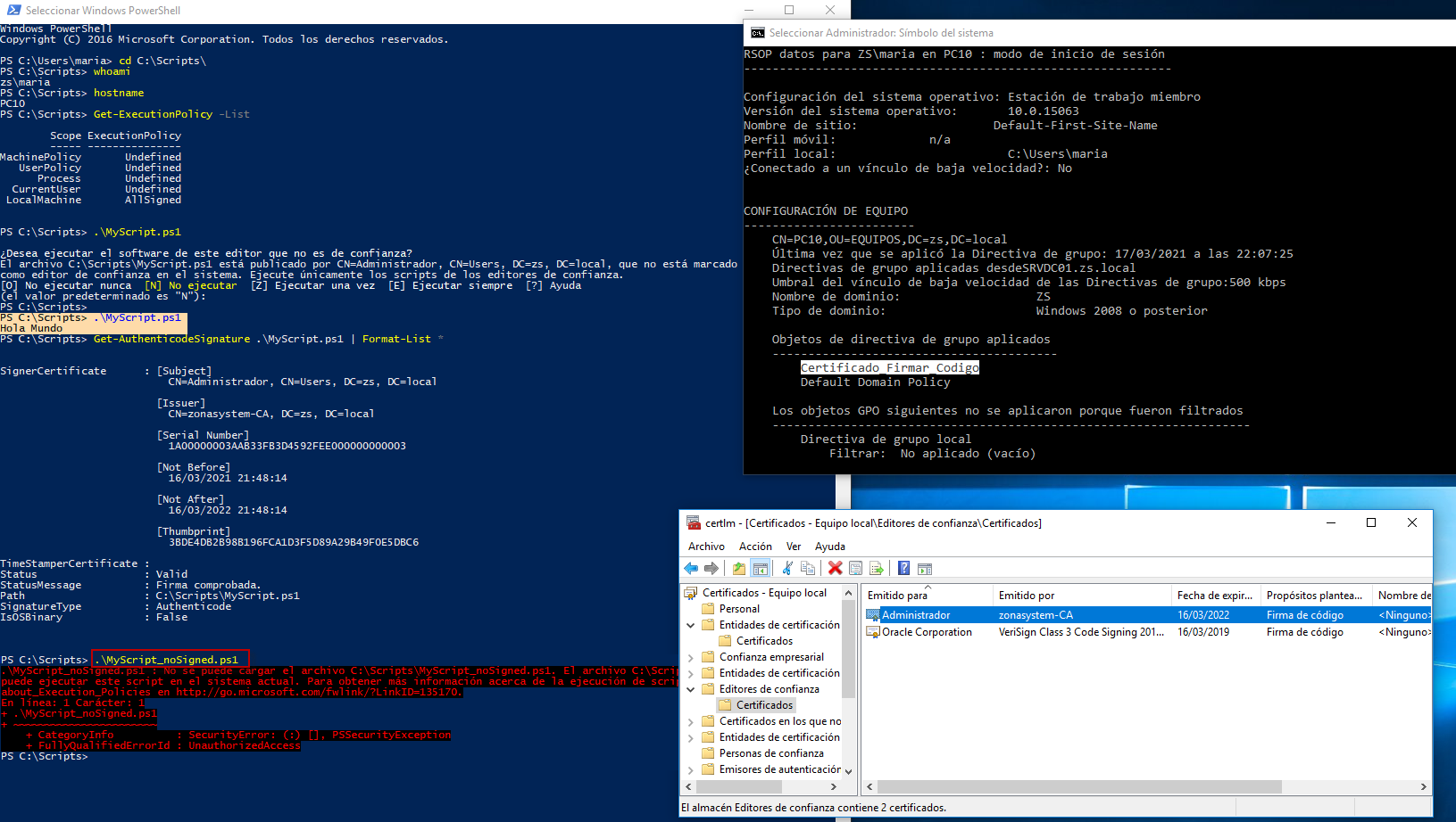 Figura 9: Ejecutar script PowerShell desde otra máquina y usuario del dominio (con certificado importado).