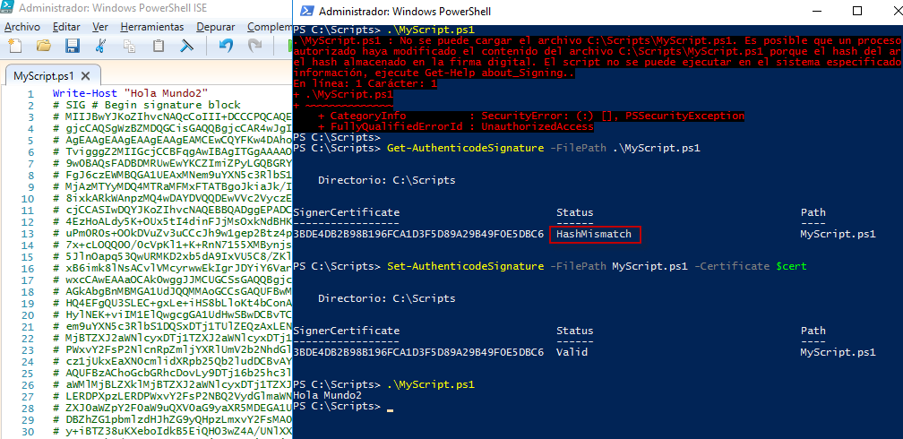 Figura 10: Modificar script PowerShell firmado para comprobar su integridad.