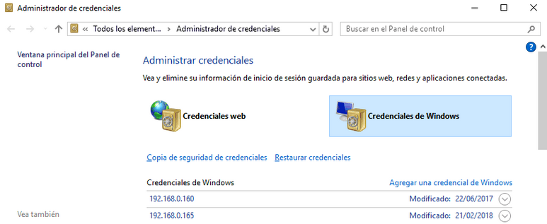 Figura 2: Administrador de credenciales de Windows.