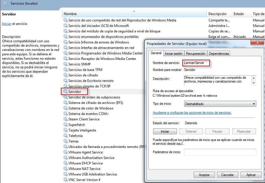 Figura 2: Servicio “Servidor” LanmanServer.