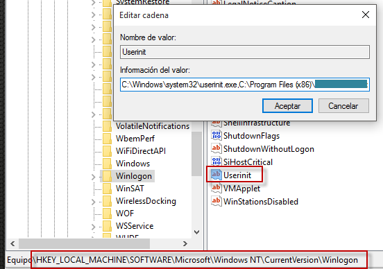 Figura 1: Winlogon, añadiendo aplicación en userinit.
