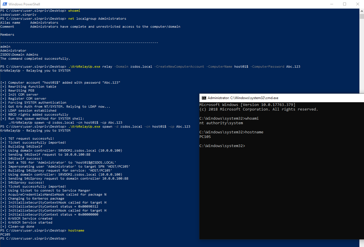 Figura 1: Escalada de privilegios local a SYSTEM usando KrbRelayUp.exe.