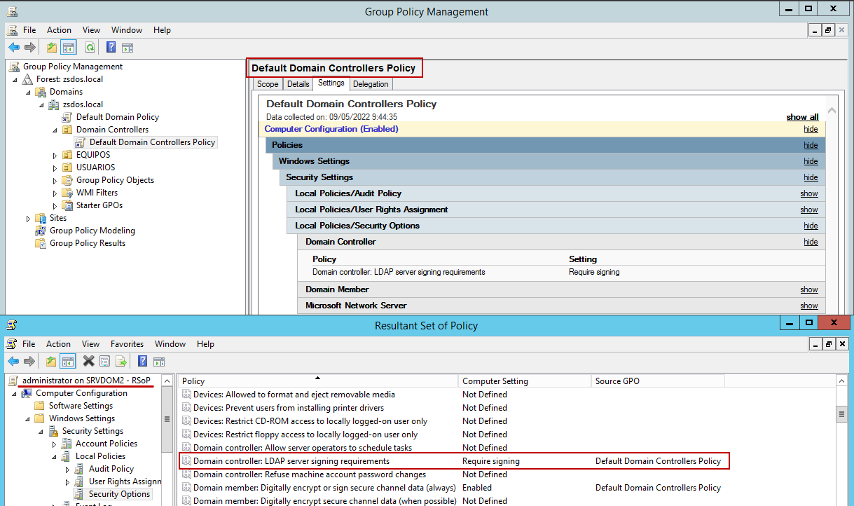 Figura 4: Mitigación KrbRelayUp - Aplicar política &ldquo;Domain controller: LDAP server signing requirements&rdquo;.