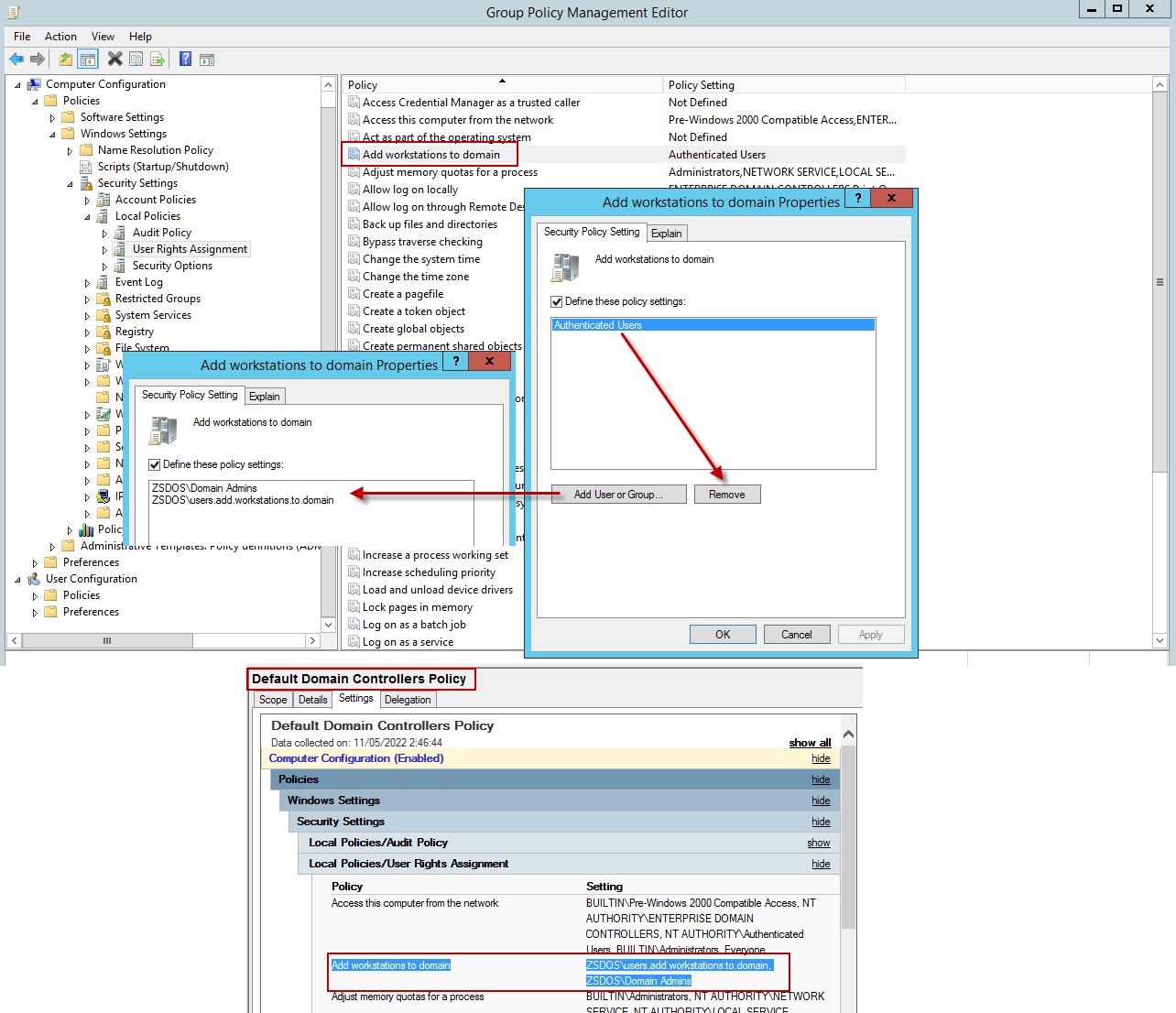 Figura 6: Mitigación KrbRelayUp - Limitar permisos para la política &ldquo;Add workstations to domain&rdquo;.
