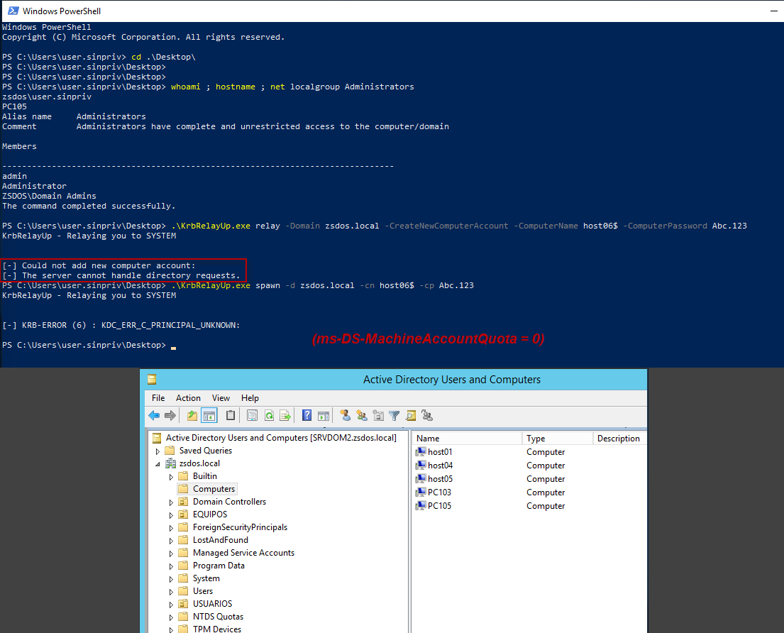 Figura 9: Verificación mitigación - ms-DS-MachineAccountQuota = 0.