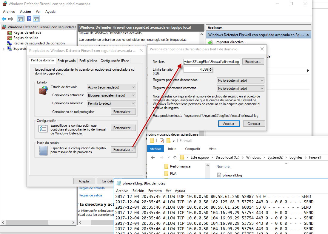 Estableciendo el path y opciones del registro de log del Firewall de Windows.
