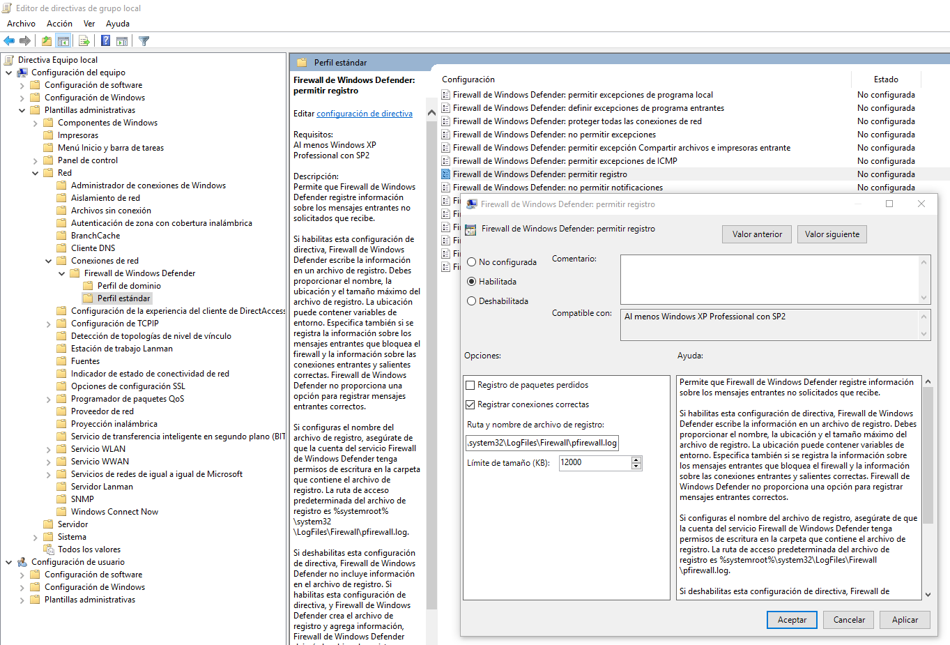 Habilitar la GPO local que permite el registro de log para el Firewall de Windows Defender.