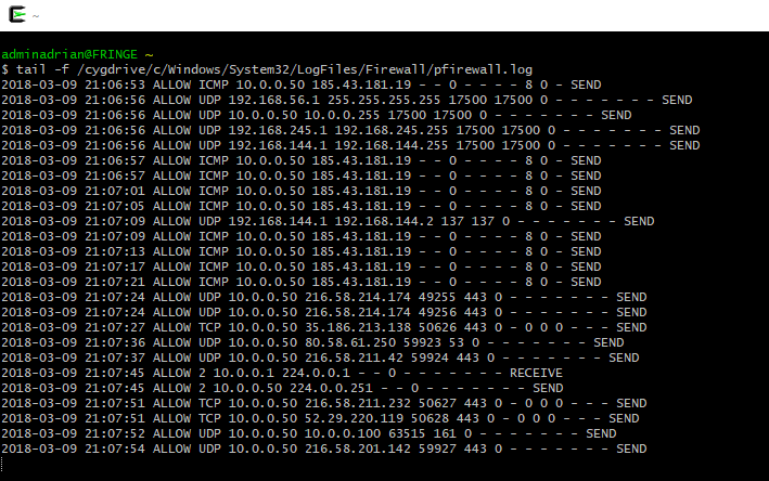 Log en tiempo real del log del firewall de Windows pfirewall.log.