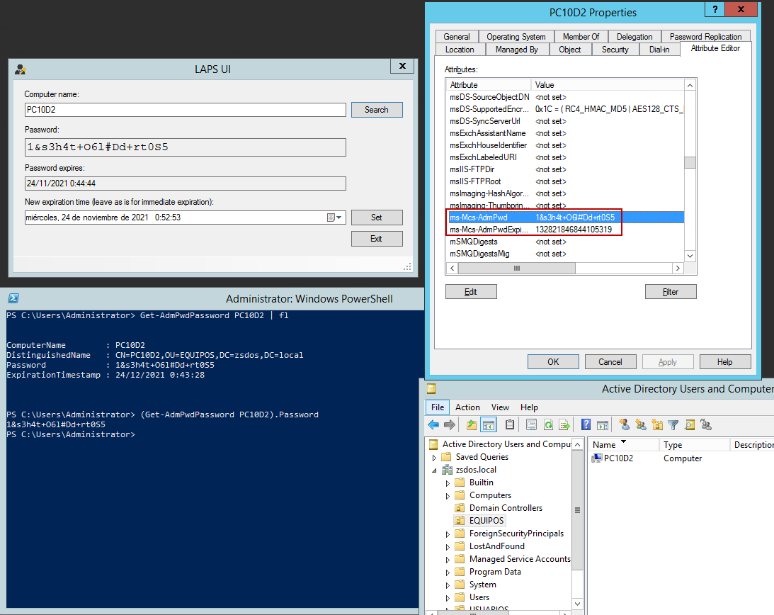 Figura 8: LAPS UI para ver y restablecer las passwords locales de los equipos de AD.