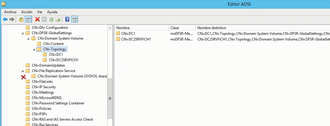 Figura 8: Comprobación de eliminación de FRS en el editor ADSI.