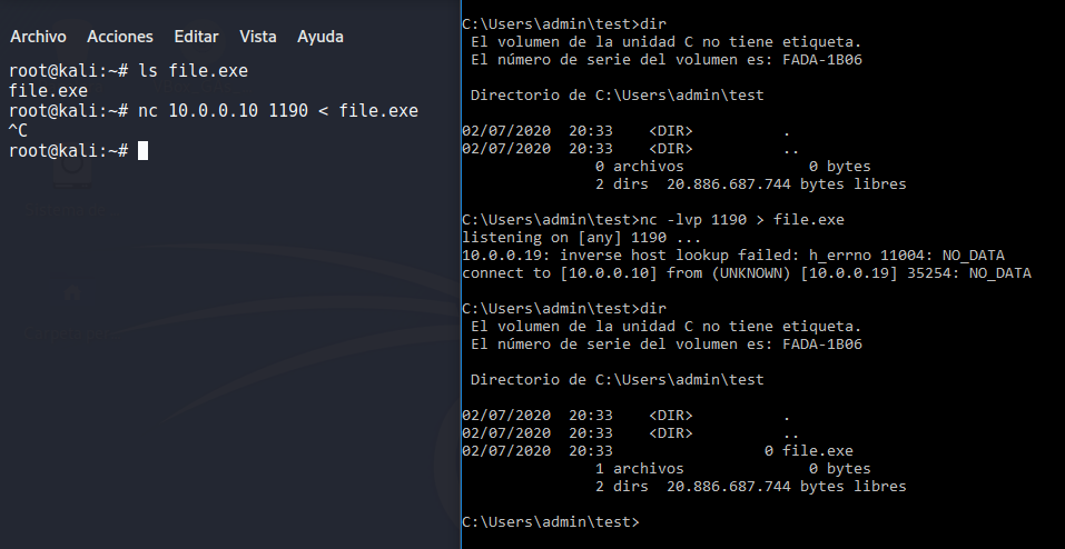 Figura 8: Transferencia de ficheros con netcat.