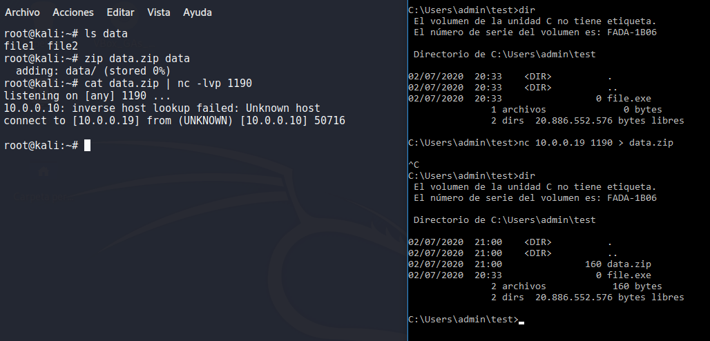 Figura 10: Transferencia de directorios (empaquetando el directorio) con netcat.