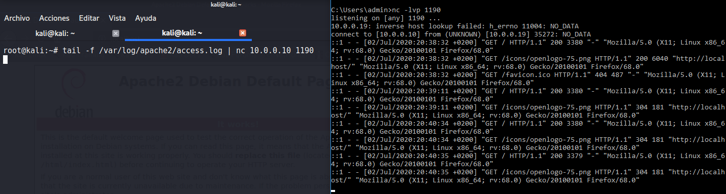 Figura 11: Envío de información en tiempo real de un fichero log con netcat.
