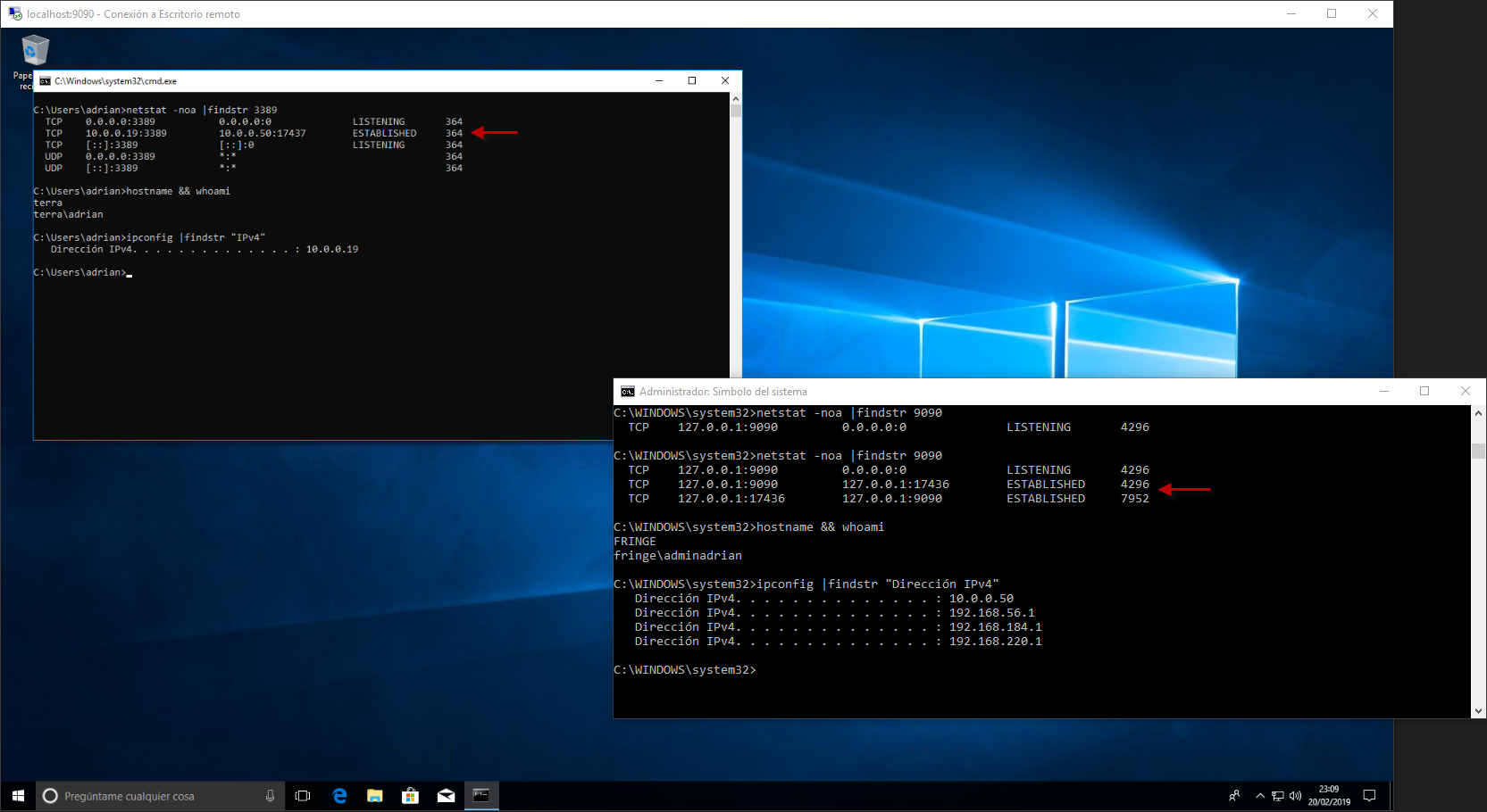 Figura 1: Reenvío de puertos con Netsh estableciendo una conexión RDP entre dos máquinas Windows.