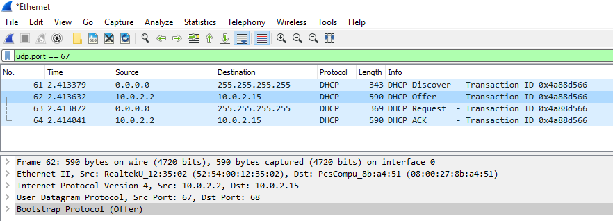 Figura 3: Captura pcap Wireshark del funcionamiento DHCP.