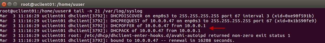 Figura 6: Encontrando servidor DHCP en /var/log/syslog.