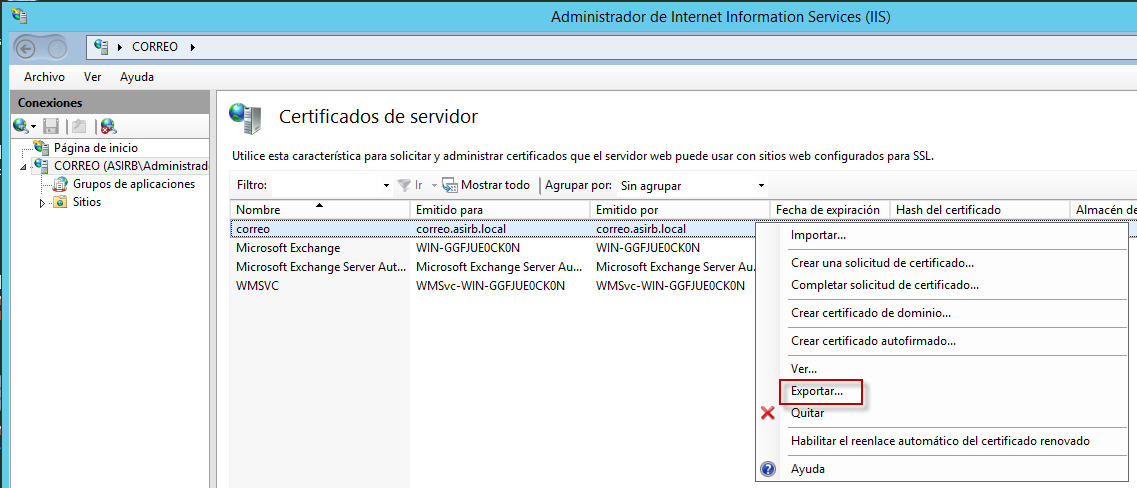 Figura 1: Exportando certificado del servidor IIS.